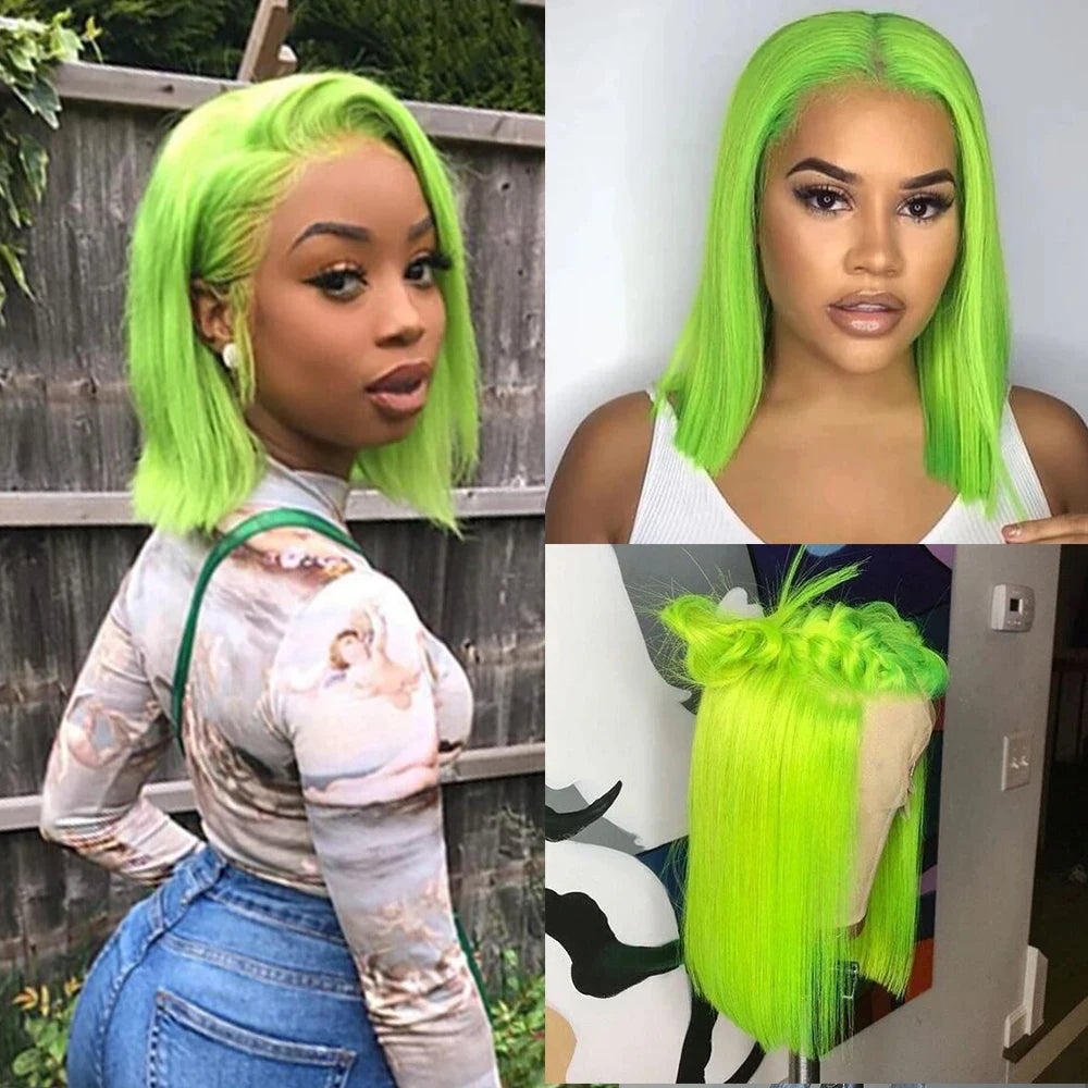 Short Straight Lime Green Lace Bob Wigs Human Hair Wigs Brazilian Remy Lace Frontal Wig Colored Lace Front Wig For Women