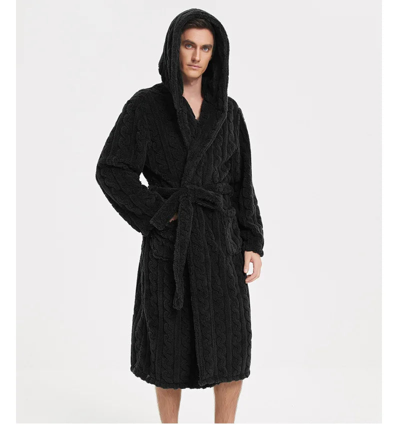 Warm Sleepwear Thicken Jacquard Flannel Men Robe Plush Coral Fleece Hooded Bathrobe Gown Winter Lounge Wear Home Wear Nightwear