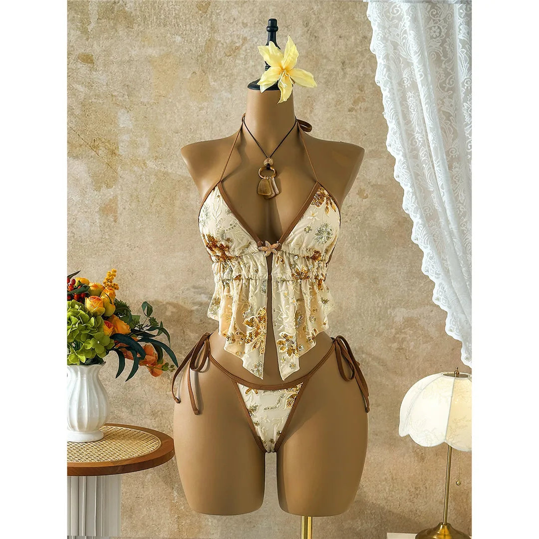 Glitter Sequin Printed Tankini Halter Bikini Women Swimwear Female Swimsuit Bather Bathing Suit Swim Two-Pieces Bikini Set K8067