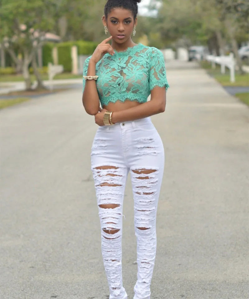 New Designer Women 2025 High Waist Ripped Jeans for Women Skinny Black White Jeans Woman Elastic Slim Jean Female Femme