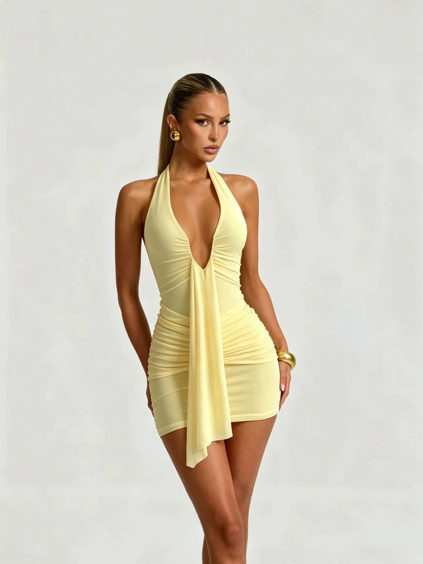 Women Sexy Solid Pleated Strapless Mini Dress With Ribbon Deep V Backless Casual Summer Party Dress For Daily Wear Club Night