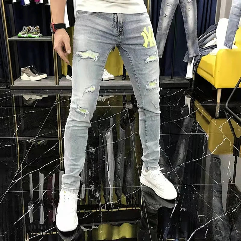 2025 Spring New Ripped Hole Denim Man's Pants Washing Light Blue Hip Hop Slim Fit  Men's Trousers High Street Blue beggar Jeans