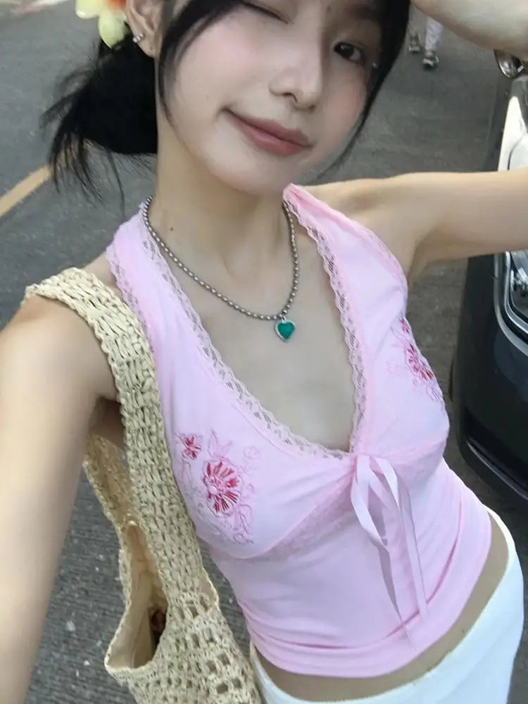 Tonngirls Y2k Fairycore Tank Tops Women Lace Print Graphic Tops Sleeveless Japanese 2000s Camis E-girls Streetwear Halter Tops