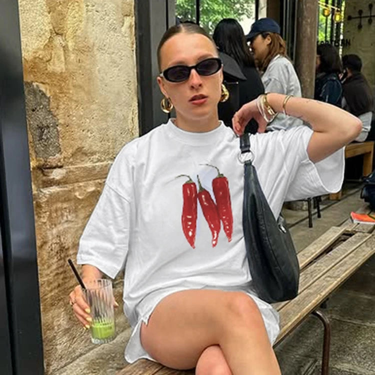 STYLISH LADY Chili Printed T Shirts 2025 Summer Women Short Sleeve O Neck Casual Loose White Streetwear Tops Tees