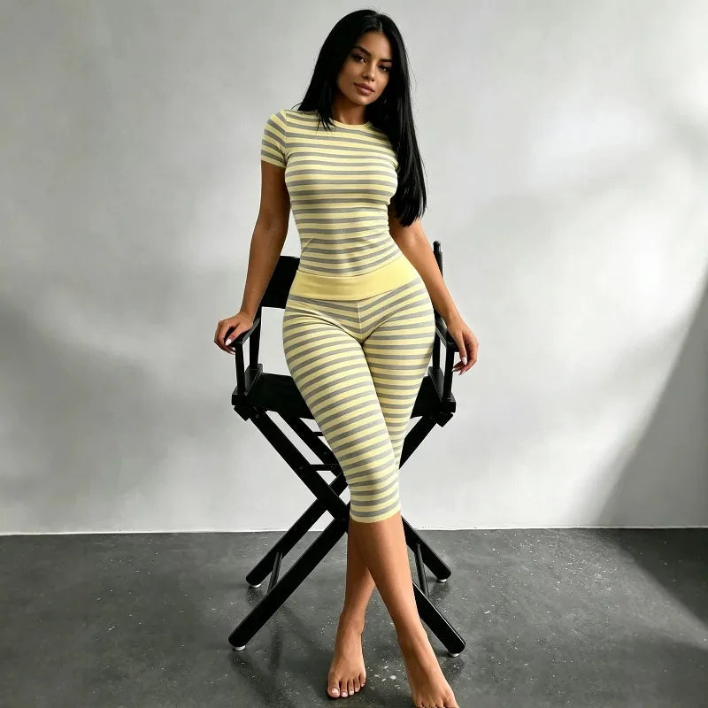 Women 2 Piece Casual Bodycon Outfit Striped Short Sleeve Tops High Waist Pants Set Loungewear Suit  Home Sleepwear Daily Wear
