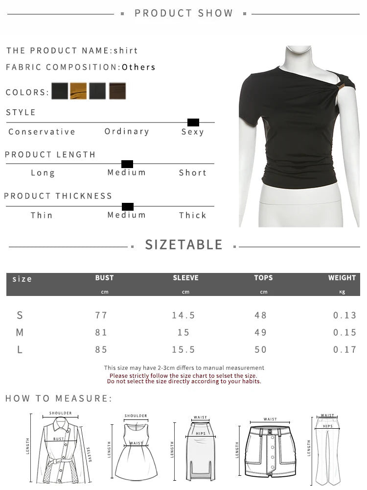 Weird Puss Irregular Off Shoulder T-Shirts Women Ruched Fashion Skew Collar Single Sleeve Daily Casual Solid Simple Streetwear