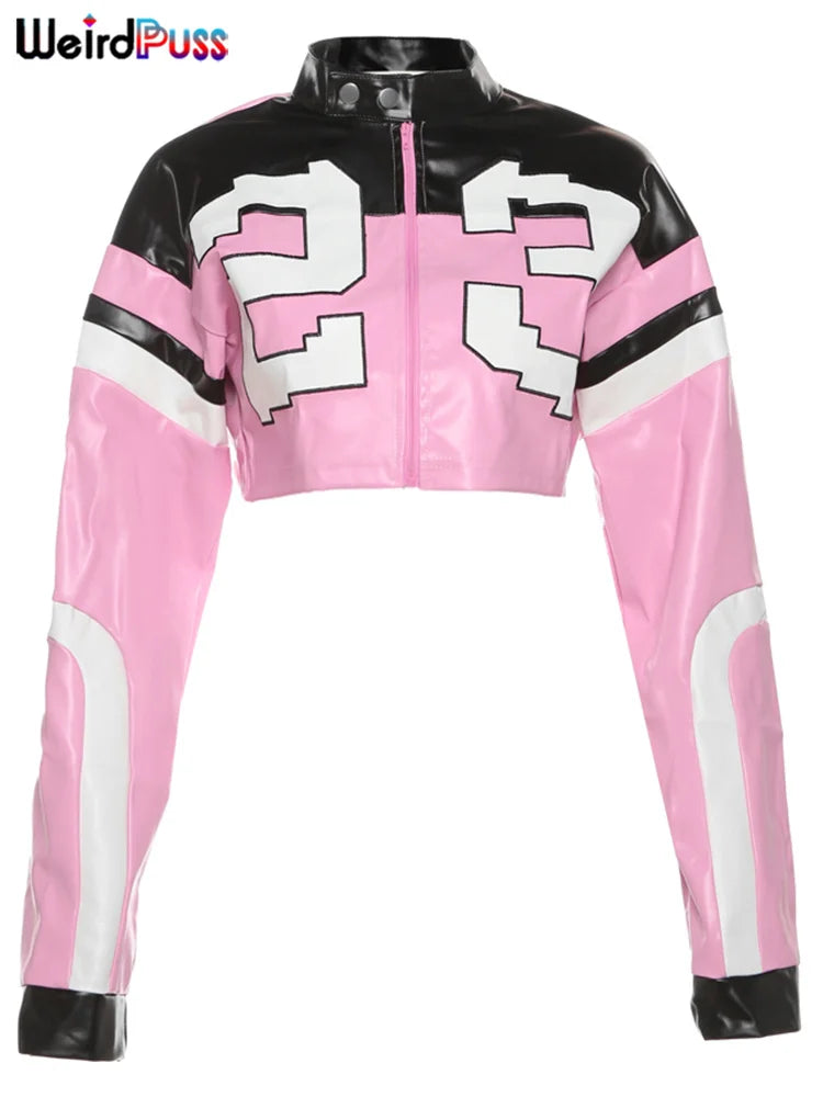Weird Puss Faux Leather Varsity Jacket Women Hipster Letter Print Autumn Casual Sporty Wild Streetwear Uniform Trend Crop Coat