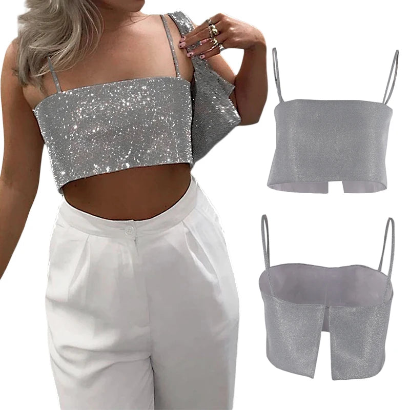 2024 New Fashion Women Spaghetti Strap Crop Top Sexy Bodycon Sleeveless Cami Tube Top Basic Plain Club Sequin Camisole