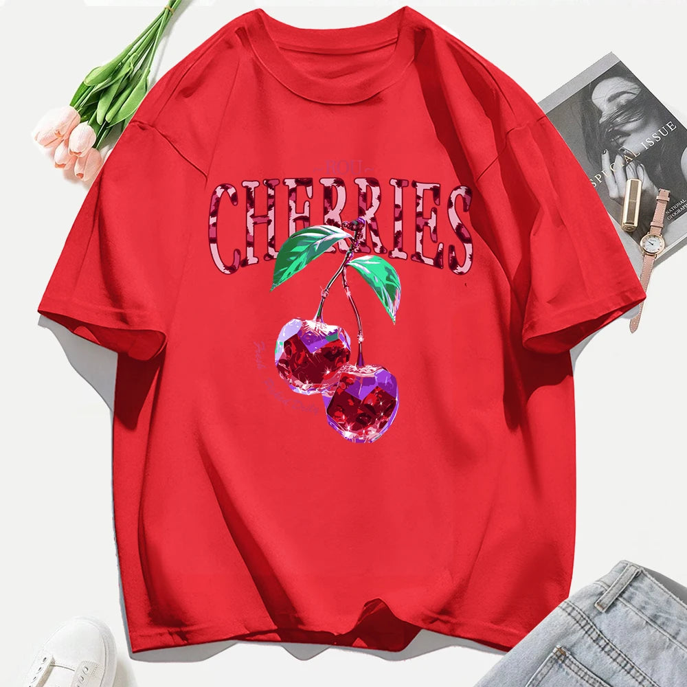 Crystal Cherries Printing Tee Shirt Woman Summer Cotton Tee Tops O-Neck Casual T Shirts Oversized All-Match Short Sleeve