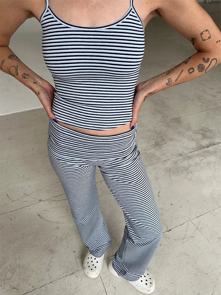 Women Vintage Outfits Pajamas Striped Lounge Sets Summer Sleeveless Strappy Cami Crop Tops + Micro Long Pants