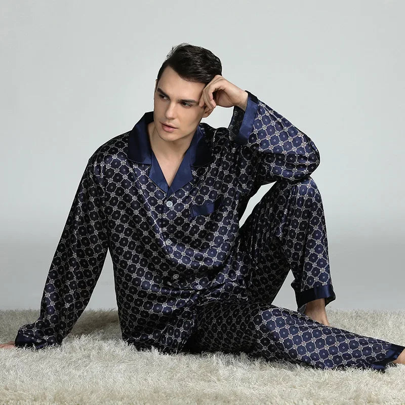 Silk Satin Pajamas for Men Sleepwear Cozy Soft Print Long Sleeve Nightgown Tops + Trousers Two Pieces Mens Pajama Set