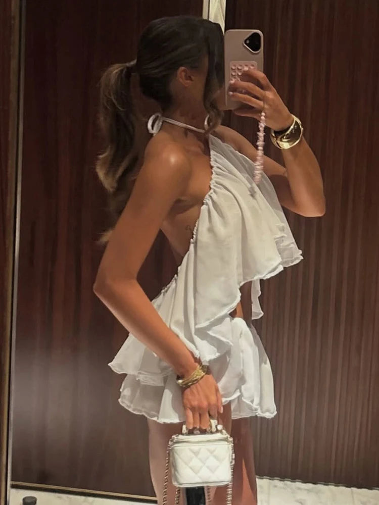 Weird Puss Ruched Elegant 2 Piece Set Woman Tierred Design Halter Backless Irregular Tops+Mini Shorts Beach Party Style Suits
