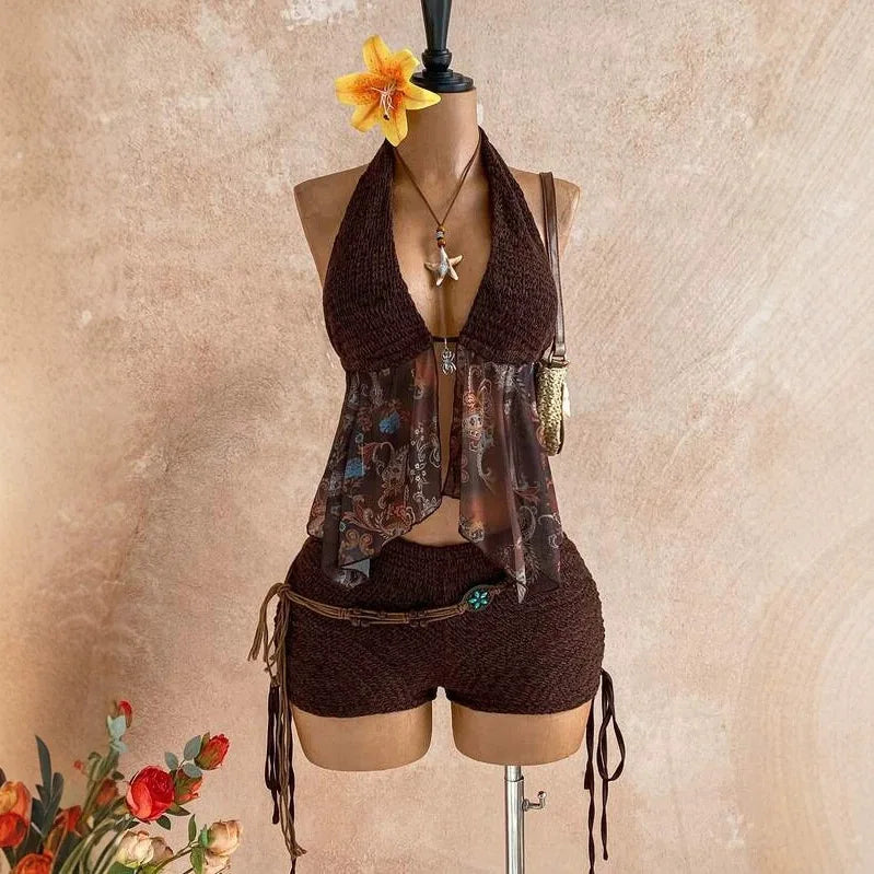 Retro Ethnic Style Knitted Floral Chiffon Top Drawstring Shorts Set Deep Brown off Shoulder Two Piece Set Streetwear Trend