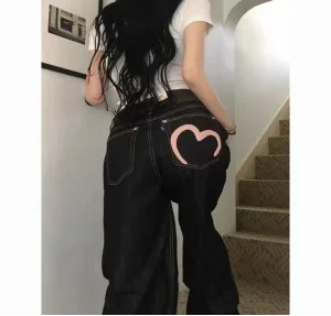 Korean pink heart-shaped pocket printed hot girl wide-leg jeans women's summer simple design high-waisted jeans straight pants