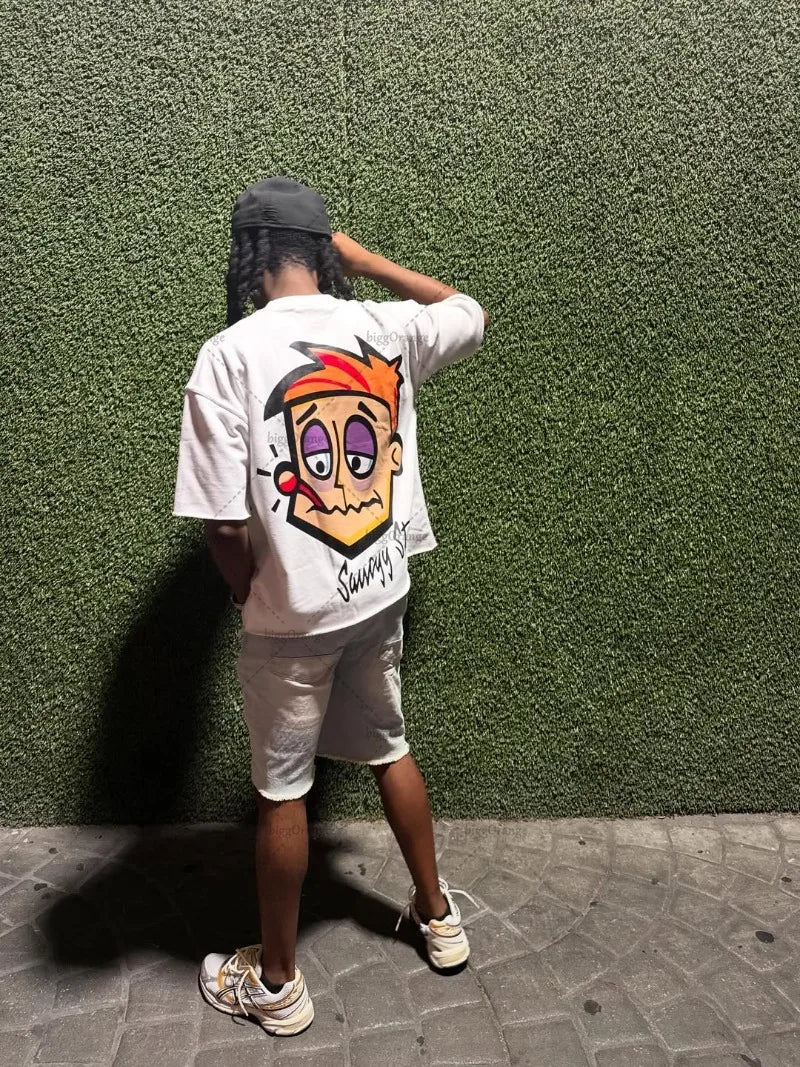 New Hip-hop Trendy Cartoon Loose Oversized T-shirt Men Y2K Harajuku Retro Graphic Top High Street Casual Streetwear Pure Cotton