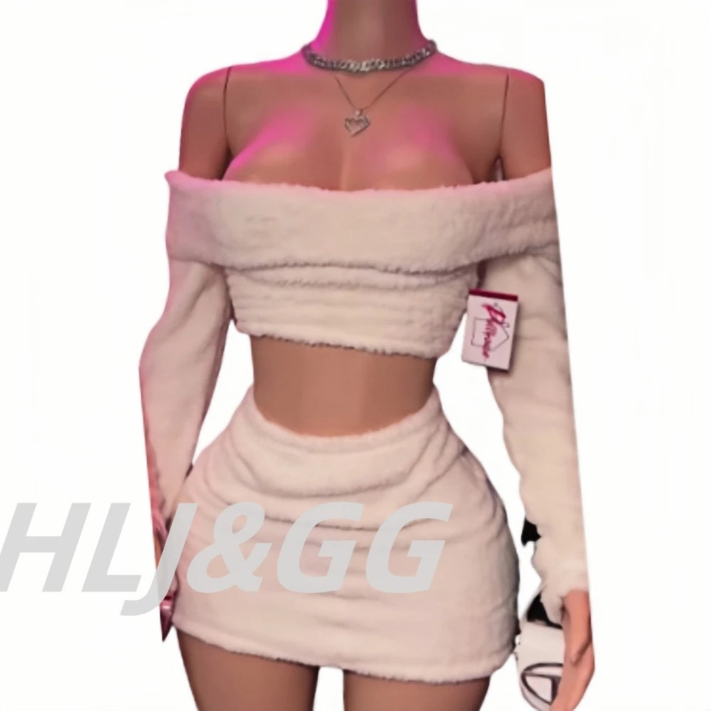 HLJ&GG Fashion Off Shoulder Fur Mini Skirts Two Piece Sets Women Long Sleeve Backless Slim Crop Top And Skirts Outfit Streetwear