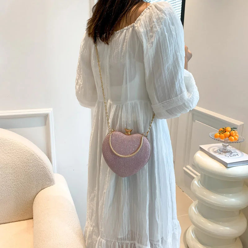Evening Clutch Bag For Women Shiny Heart Shape Metal Clutch Chain Shoulder Purse