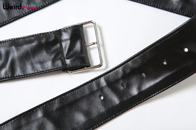 Weird Puss PU Hipster Leather 2 Piece Set Women Fall Trend v-Neck Cross Sash Sexy Crop Tops+Shorts Matching Streetwear Outfits