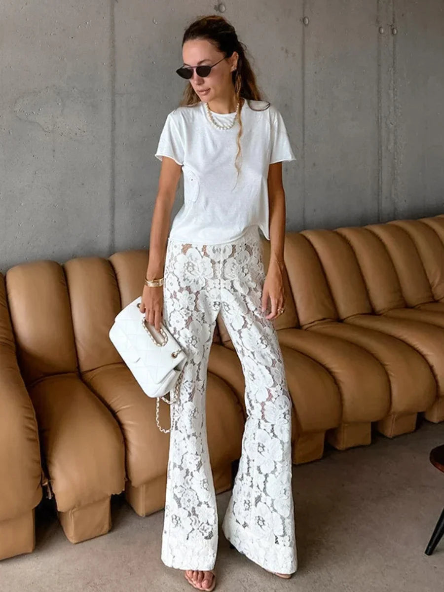 Bornladies Sexy Perspective White Flare Pants Summer Women Vacation High Waist Long Trousers Lace Beach Style Female Pants 2025