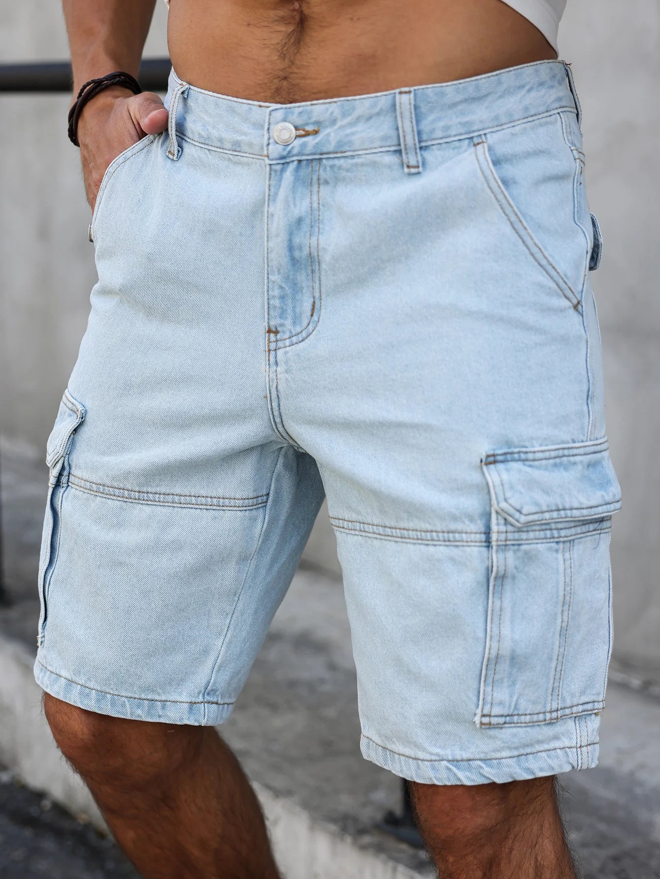 summer light blue regular denim shorts. In a utility style. With a multi-pocket design. Casual street style. Men's jeans