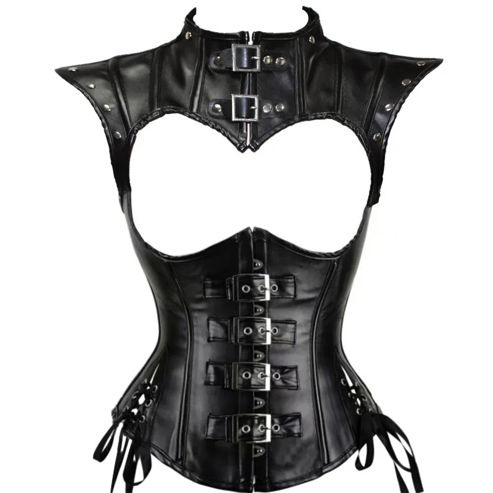 Faux Leather Corset Set Women's Steampunk Gothic Cosplay Game Armor Outfit Sexy Bustier Tops Nightclub Rave Costume