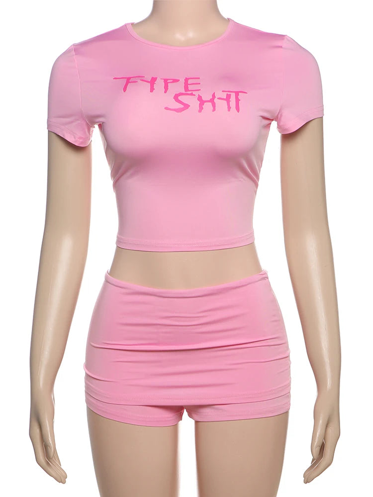 Weird Puss Casual Sporty 2 Piece Set Women Tracksuit Letter Print Short Sleeve Crop Tops+Ruched Shorts Daily Fashion Streetwear
