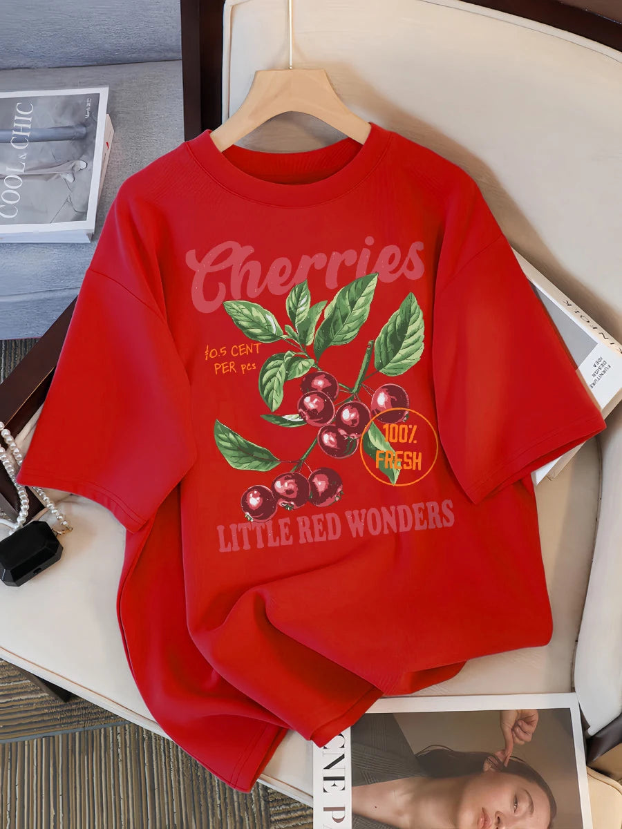 Cherries 100% Fresh Little Red Wonders Design Women T-Shirt Casual Loose T Shirts Hip Hop Cotton Sportswear Summer Soft Top