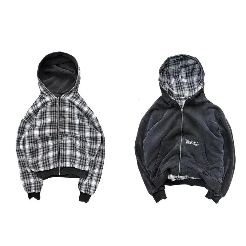 American Retro Rock Gothic Graphic Fur Collar Loose Zipper Sweatshirt Men's Y2K New Harajuku Punk Casual Joker Hoodie Streetwear