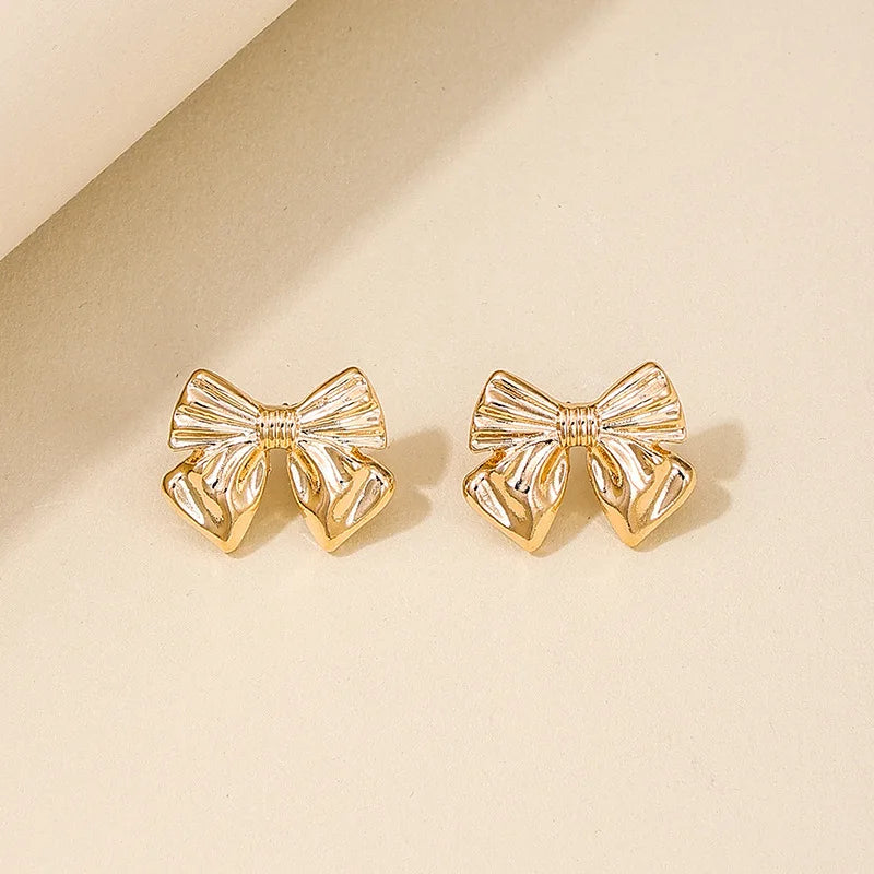 Fashion Bow Shape Metal Stud Earrings for Women Girls Cute Gold Color Stainless Steel Earring Statement Jewelry Gift