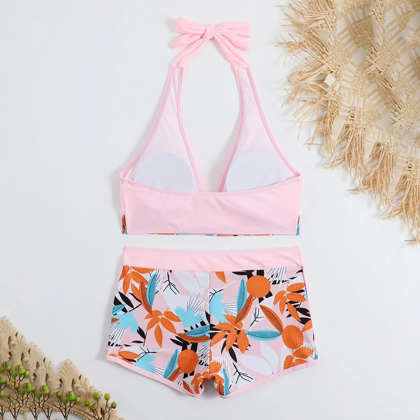 Shorts Bikinis Set  High Waist Swimsuit Women Swimwear  Plant Print Bathers Bathing Swim Suit Beachwear