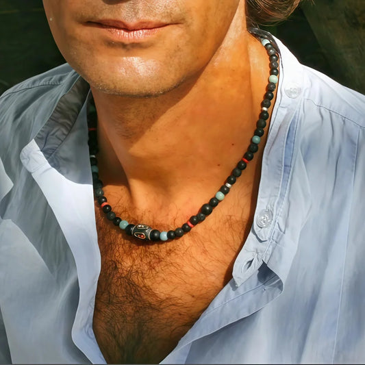 Bohemian Natural Stone Beads Necklace Retro Black Round Beads Necklace For Men Fashion Summer Jewelry Accessories
