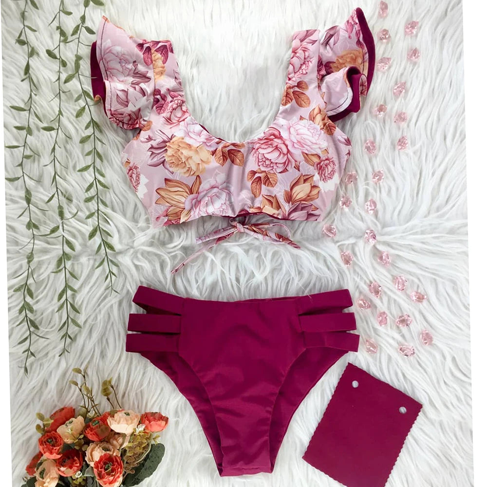 2026 High Waist Bandage Bikini Set For Women Floral Printed Ruffle Bikinis Push Up Strappy Brazilian Biquini Swimwear Swimsuit