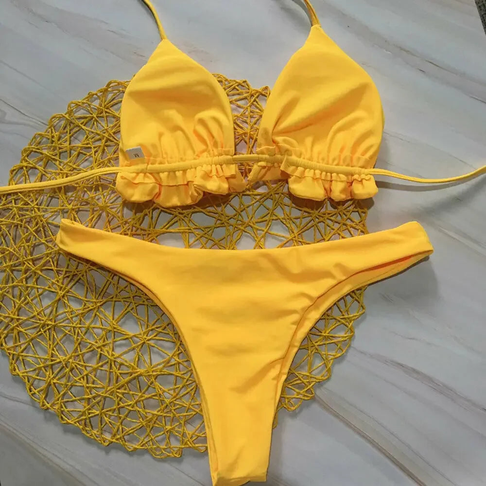 Summer Brazilian Bikini Set Women Sexy Bandage Top Thong Bottom Set Push-up Swimwear Lace Up Swimsuit Beachwear