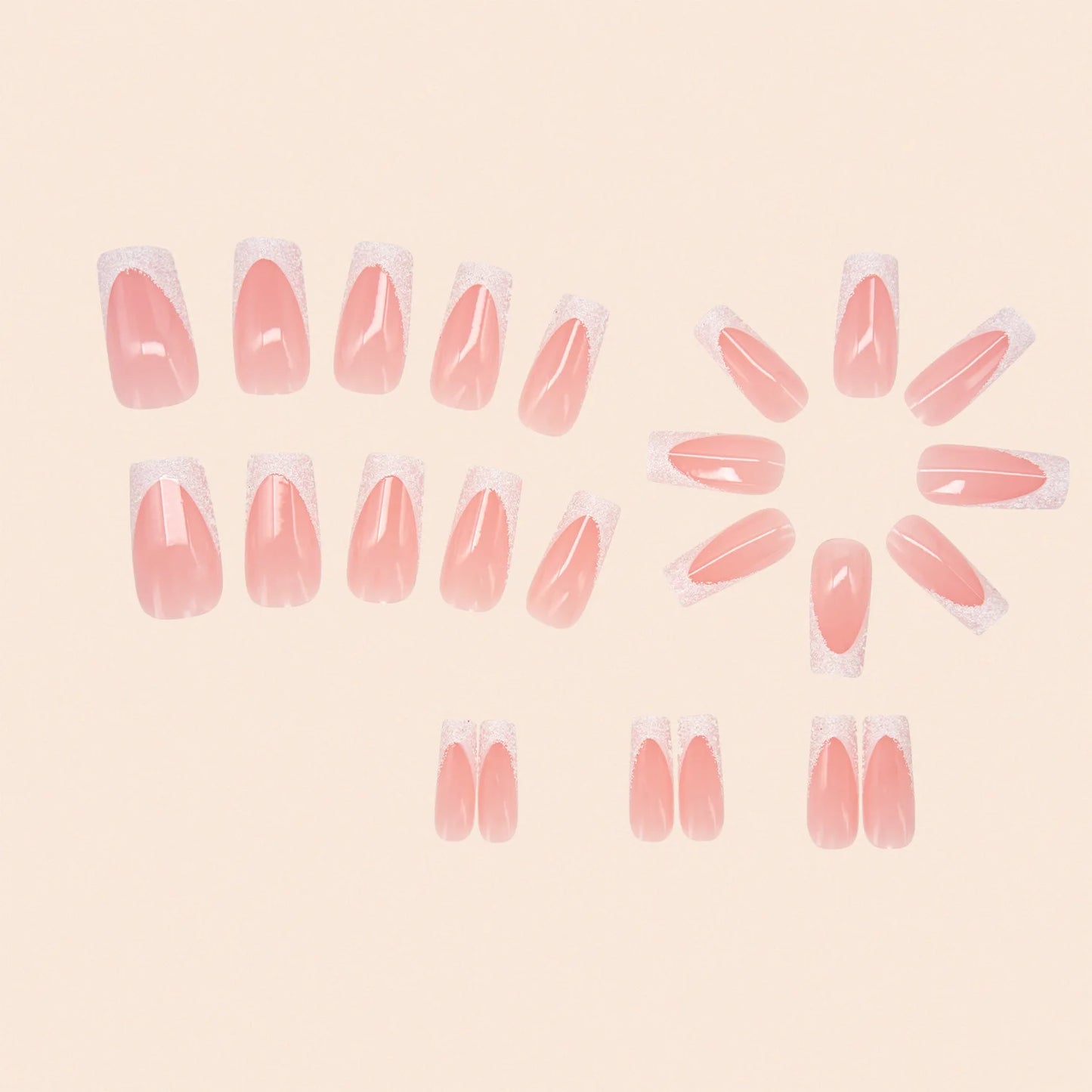 24Pcs Shimmery Long Coffin False Nails with Glue Ballerina Nail Design Sweet Fashion French Press on Acrylic Nails Tips