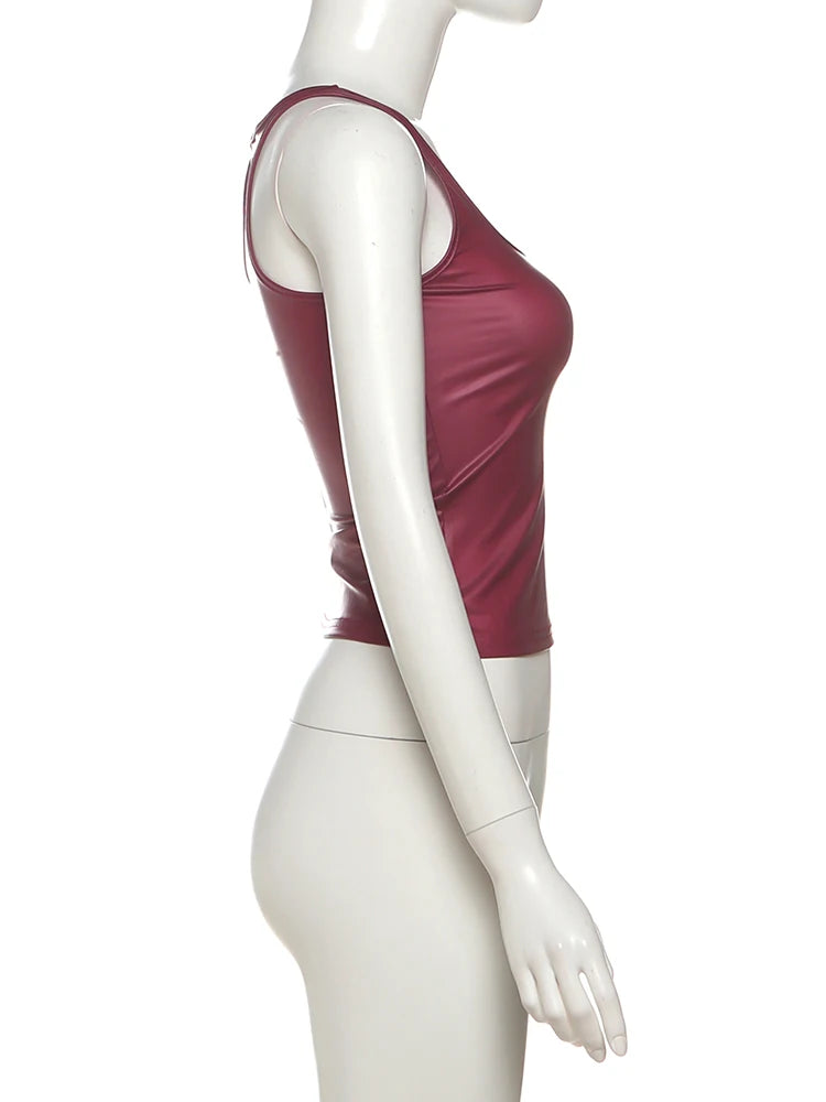 Weird Puss Faux Leather Camisole Tops Women Y2K Coquette Square Collar Skinny Midnight Street Club Trend Hottie Wild Basic Vest