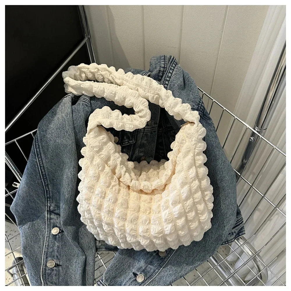 Pleated Embroidered Plaid Shoulder Bag – Crossbody & Underarm Bag, Stylish Large Capacity Quilted Tote for Women