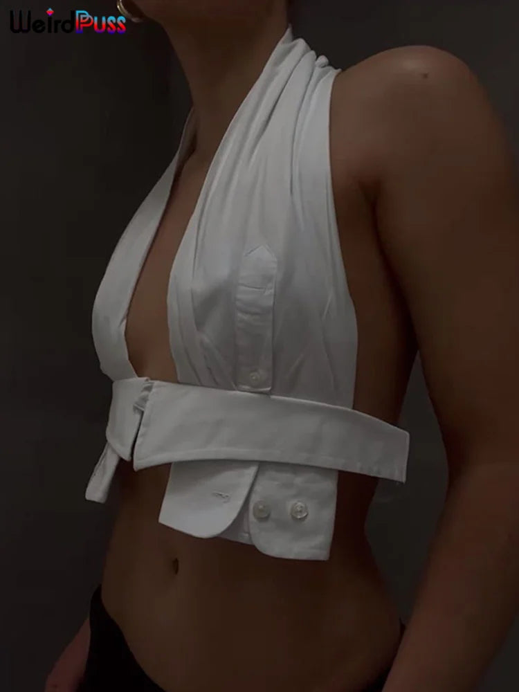 Weird Puss Y2K Button Halter Camisole Women V-Neck Skinny Elegant Sexy Summer Fashion 2022 Wild Streetwear Backless Tank Tops