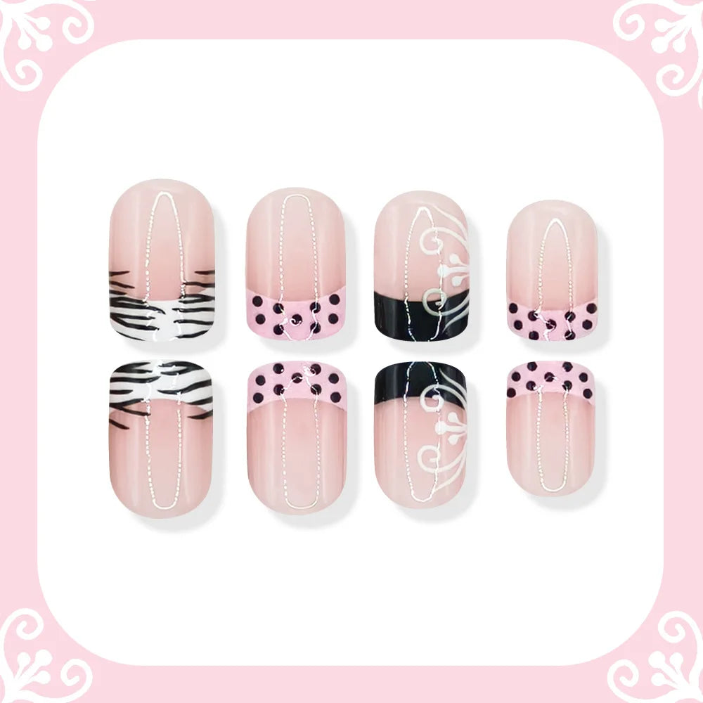 24pcs Short Square Shaped False Nails Black White Zebra-printed Polka Dot French Style Press On Nails Sweet DIY Manicure Art