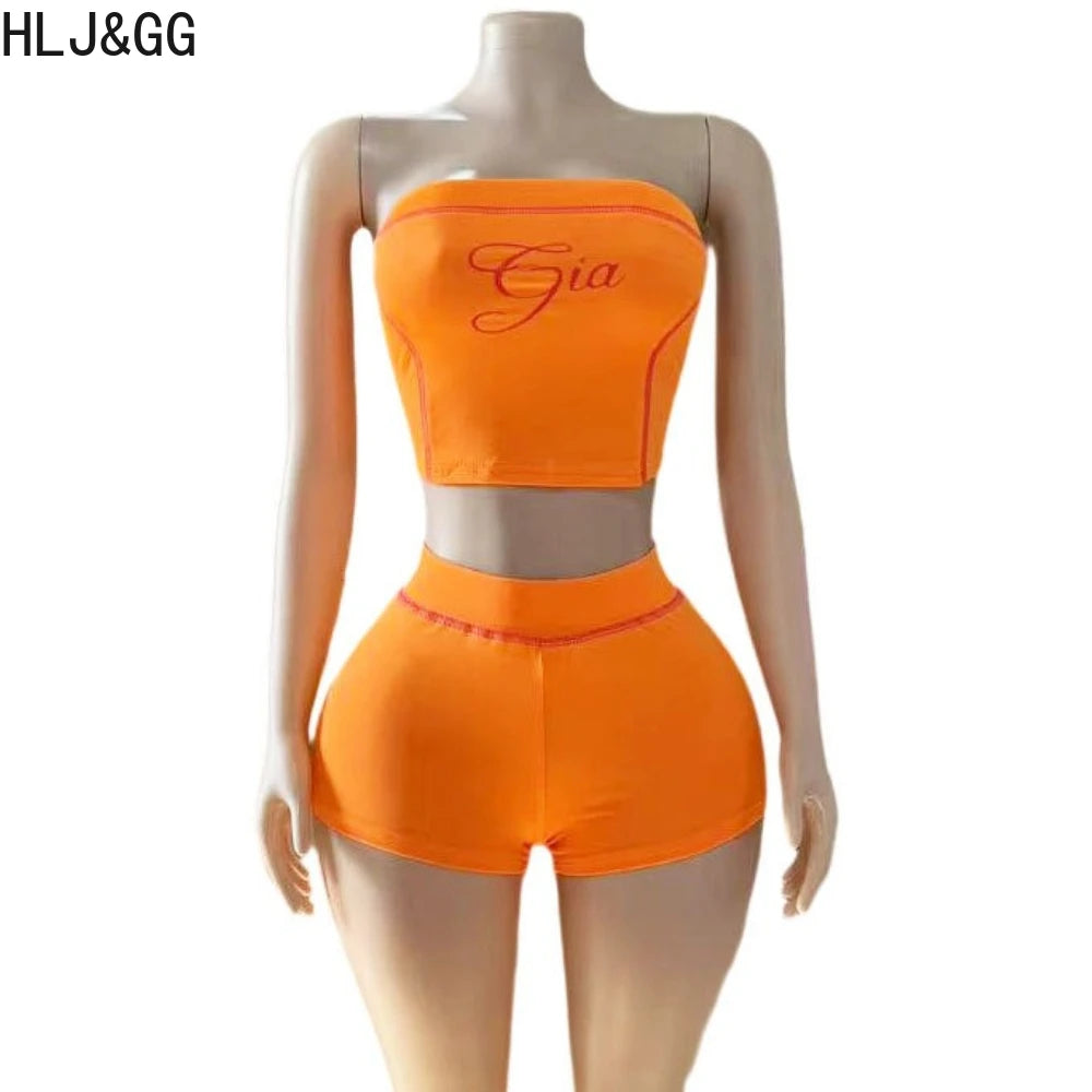 HLJ&GG Y2K Sexy Letter Print Two Piece Sets Women Off Shoulder Backless Slim Crop Top And Shorts Outfits Fashion 2pcs Streetwear
