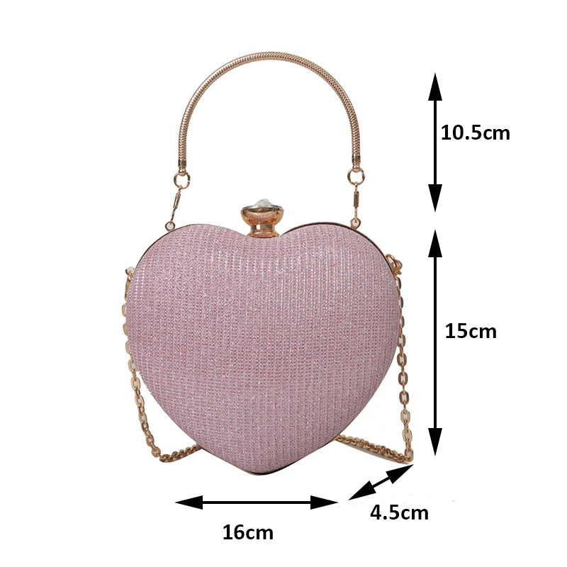 Evening Clutch Bag For Women Shiny Heart Shape Metal Clutch Chain Shoulder Purse