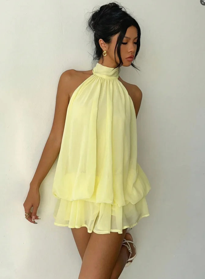 Women's Vacation Slim Fit Fashion Sexy Backless Halter Tie Waist Versatile Solid Color Dress, Stylish and Comfortable Summer