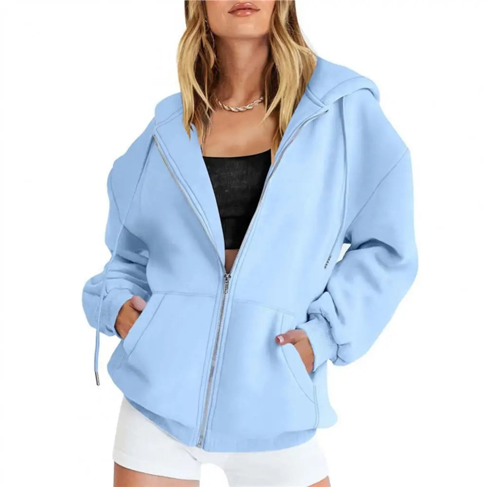 Women Zip Up Hoodies Long Sleeve Oversized Sweatshirt Autumn Fleece Jackets with Pockets Casual Workout Outfits
