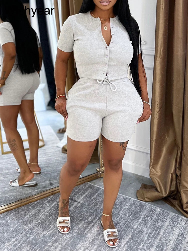 Casual Shirt Coats Tops and Shorts Two Piece Sets Fashion Short Sleeve Sports Streetwear Women Rib Hot Pants Outfits Sweat Suits
