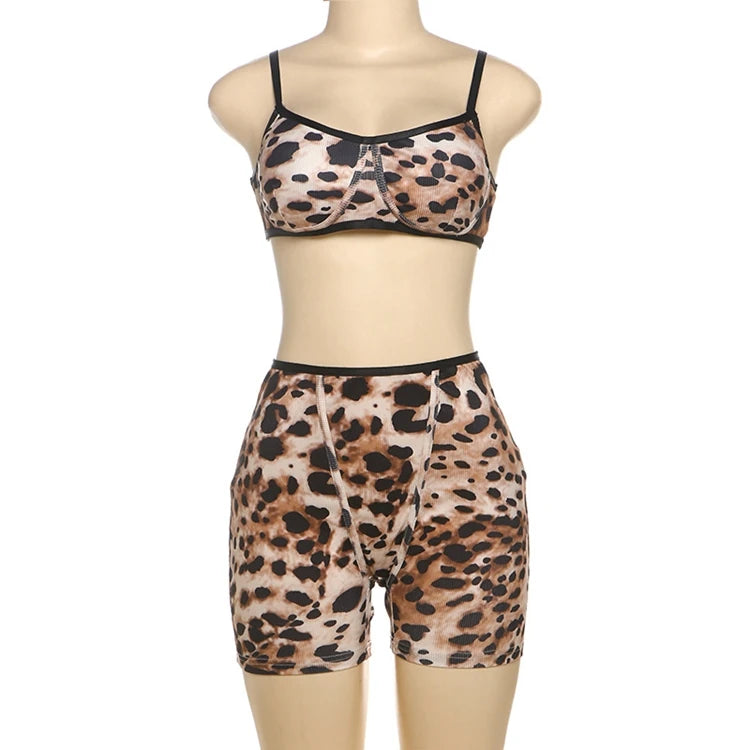 STYLISH LADY Leopard Printed Sports 2 Piece Set Women Strap Crop Bra and Shorts Suits 2025 Summer Sexy Club Street Outfits
