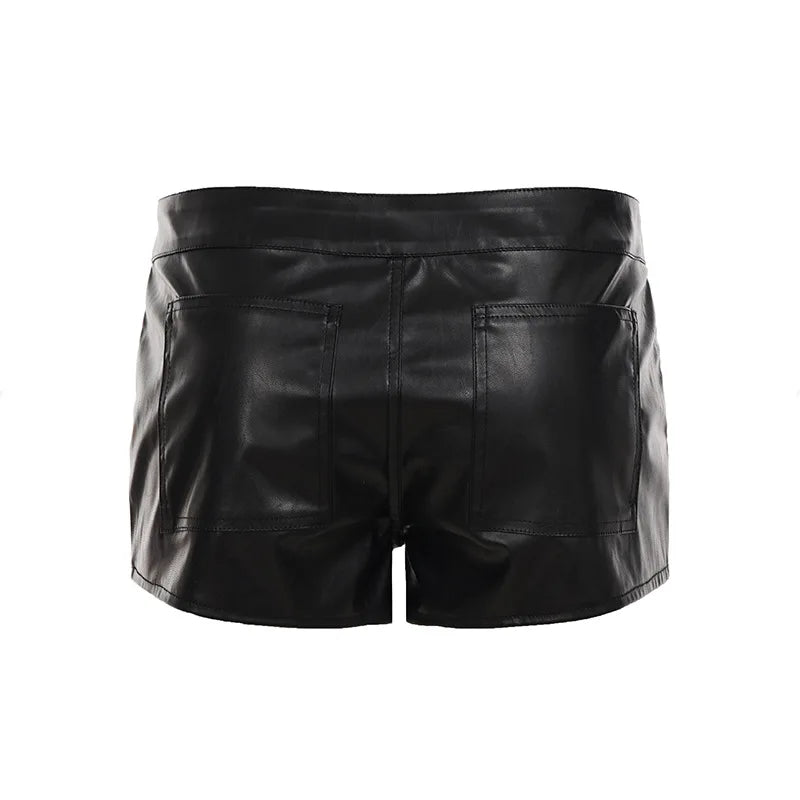 Street punk style low waist exposed navel three button leather shorts
