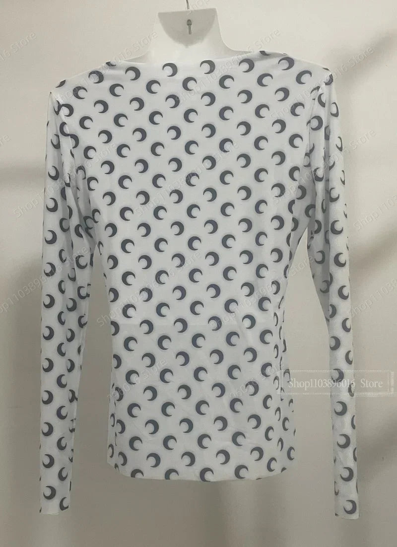 Moon Printed Tshirt Graphic Top for Women Stretchy Slim Korean Fall Spring Long Sleeve Tees Y2k Grunge T-Shirt 2000s Clothes