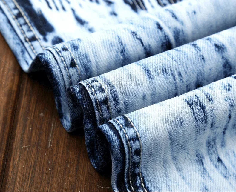 Denim Embroidered Patchwork Ripped Jeans (without Belt) Slim Fashion High Street Motorcycle Denim Pants Male Designer Clothes, men's jeans