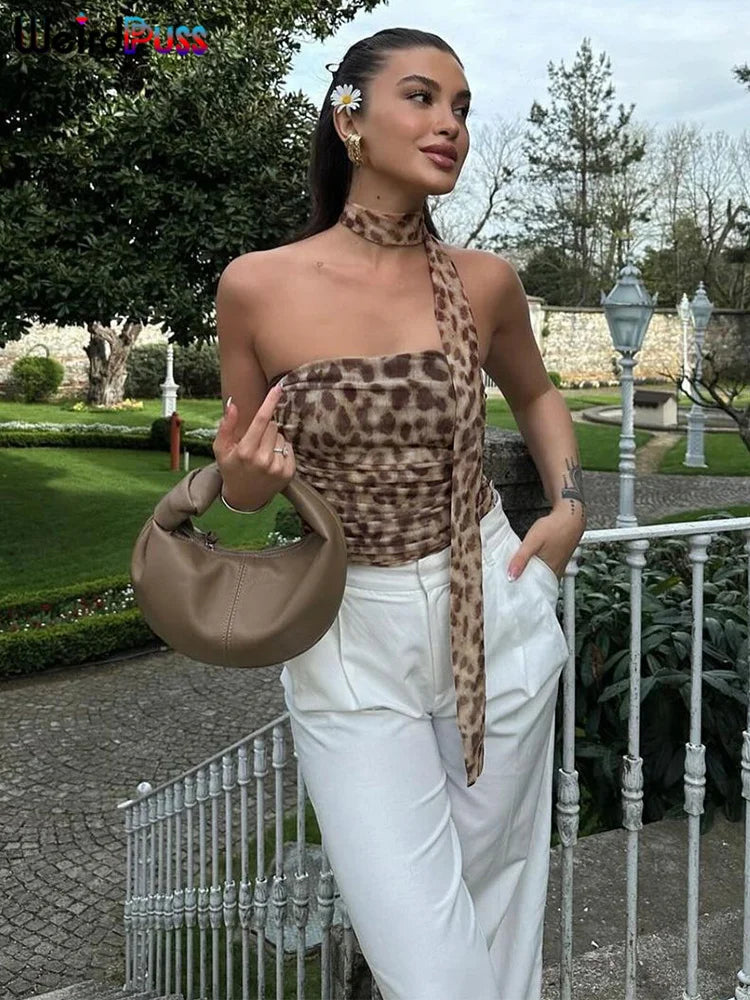 Weird Puss Leopard Print Crop Tops Woman Summer Strapless Ruffles Scarf Collar Trend Sexy Party Wild Chic Clubwear Skinny Vest