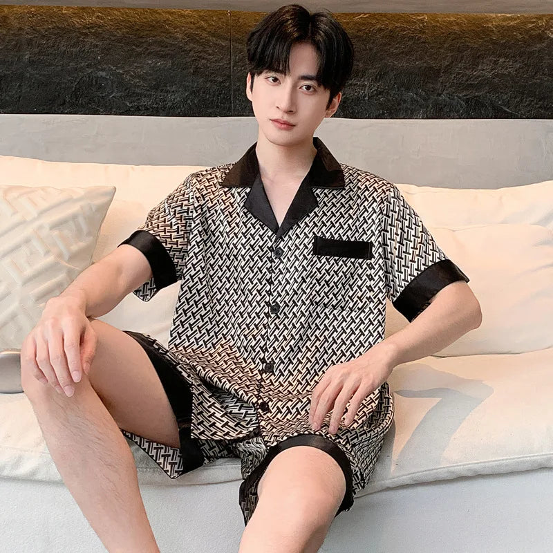 Silk Satin Pajamas for Men Sleepwear Cozy Soft Print Long Sleeve Nightgown Tops + Trousers Two Pieces Mens Pajama Set