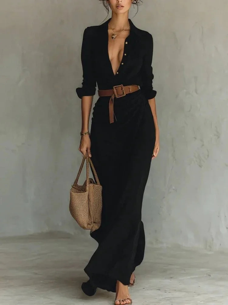 2025 Buttons Draped Chic Party Dress Spring Autumn Women Turn Down Collar Simple Maxi Dress Long Sleeve Elegant Ladies Dress